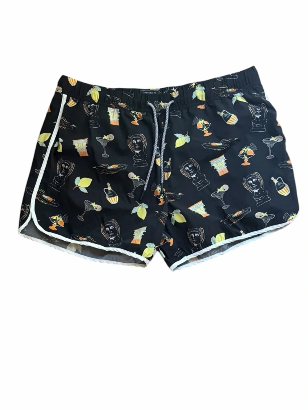NWT 2XL Forever 21 Men’s Swim Trunks Black Print Scalloped Hem